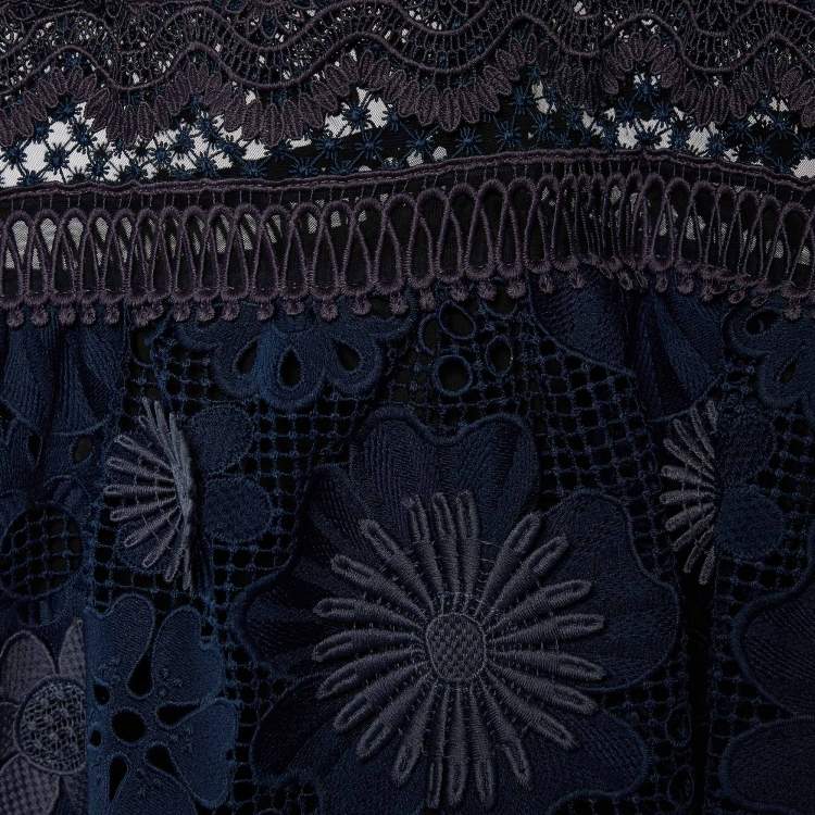 Pre Owned Self-Portrait Navy Blue Guipure Lace & Mesh Midi Dress M