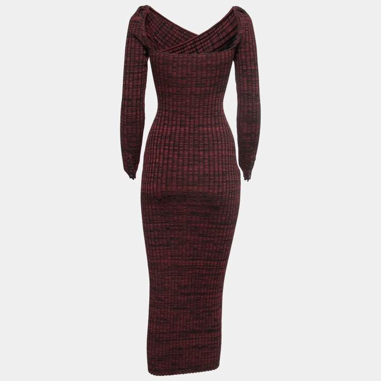 Pre Owned Self-Portrait Burgundy Rib Knit Long Sleeve Midi Dress S