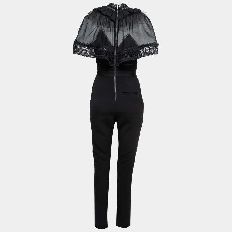 Pre Owned Self-Portrait Black Knit & Lace Trim Jumpsuit S