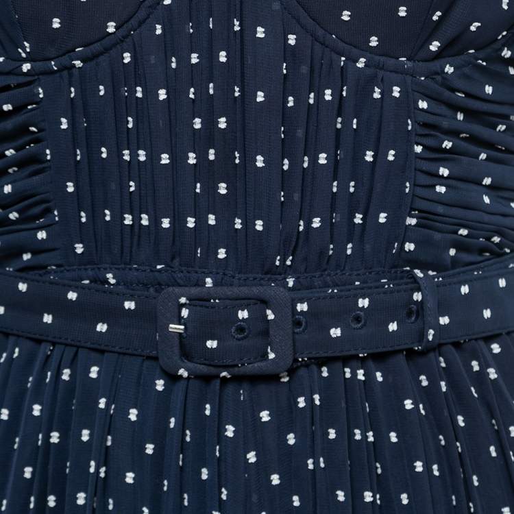 Pre Owned Self-Portrait Blue Dotted Chiffon Off-Shoulder Pleated Jumpsuit S