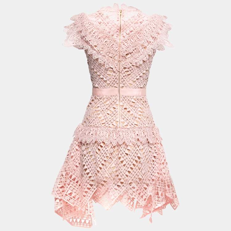 Pre Owned Self-Portrait Pink Guipure Lace Mini Dress S