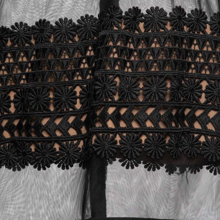 Pre Owned Self-Portrait Navy Blue & Black Lace Overlay Maxi Dress S