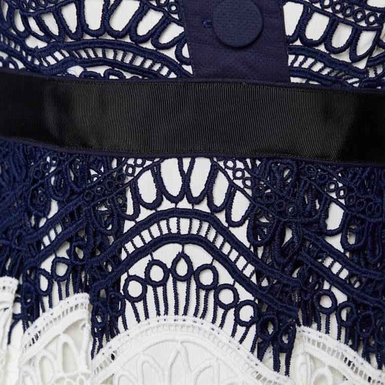 مملوكة مسبقًا Self-Portrait Navy Blue & White Guipure Lace Off-Shoulder Dress M