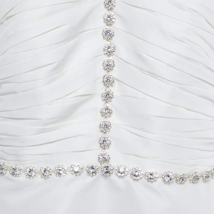 Pre Owned Self-Portrait White Taffeta Rhinestone Embellished Mini Dress M
