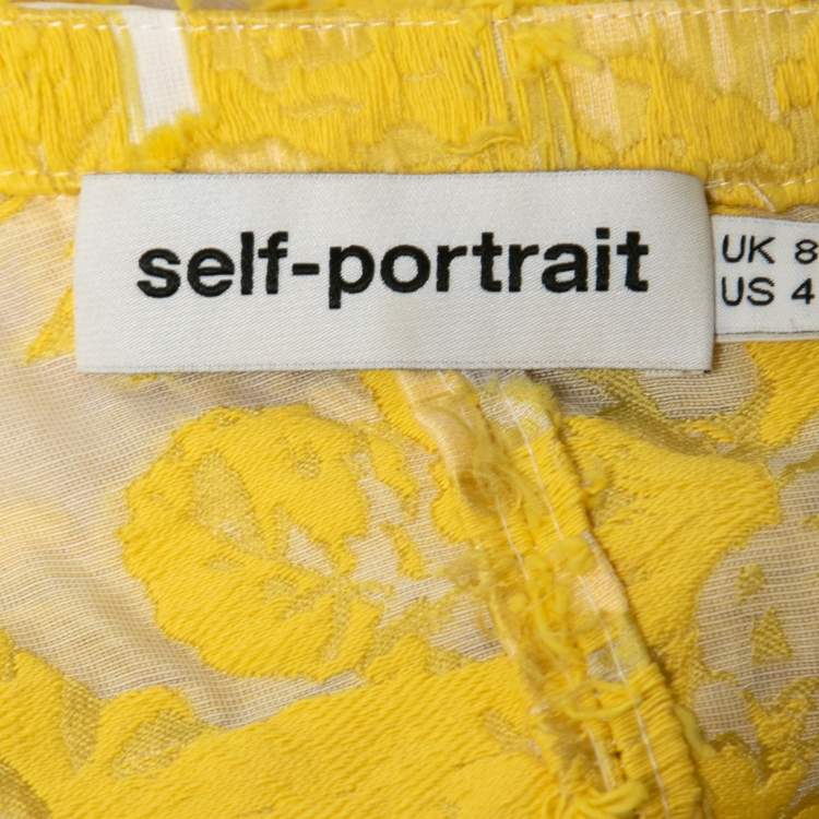 Pre Owned Self-Portrait Yellow Floral Embroidered Mesh Ruffled Top S