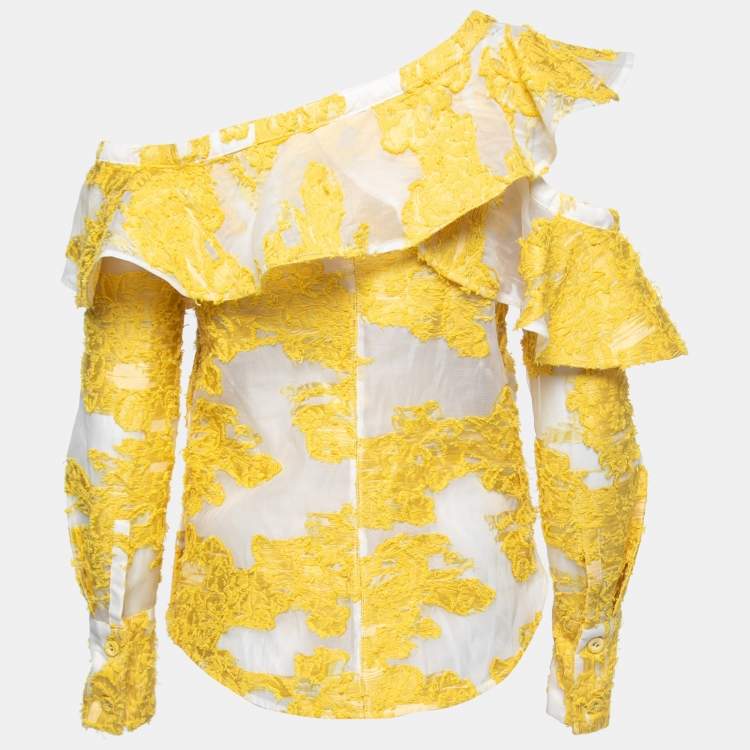 Pre Owned Self-Portrait Yellow Floral Embroidered Mesh Ruffled Top S