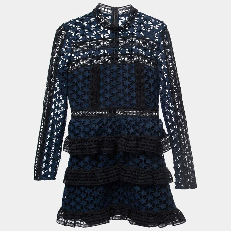 Pre Owned Self-Portrait Navy Blue Star Lace High-Neck Ruffled Mini Dress M