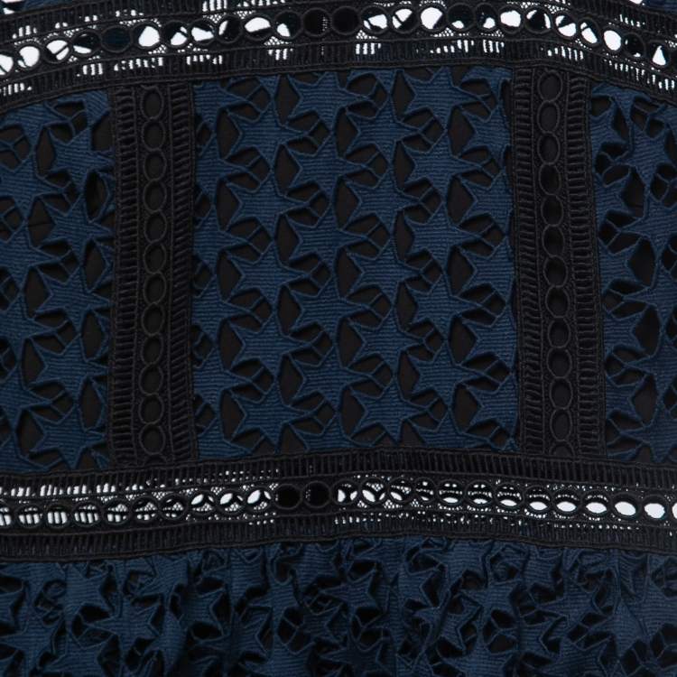 Pre Owned Self-Portrait Navy Blue Star Lace High-Neck Ruffled Mini Dress M