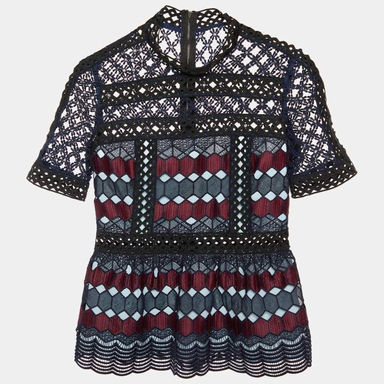 Pre Owned Self-Portrait Navy Blue Hexagonal Guipure Lace Top M