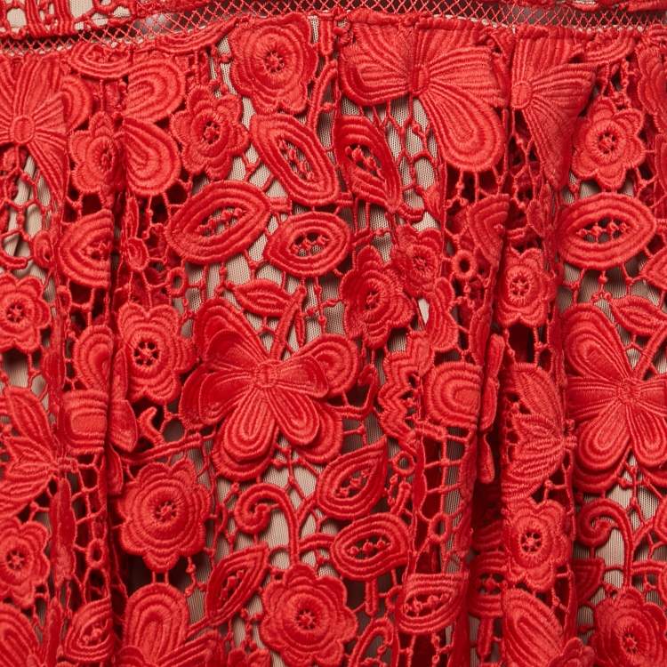 Pre Owned Self-Portrait Red Floral Guipure Lace Midi Dress M