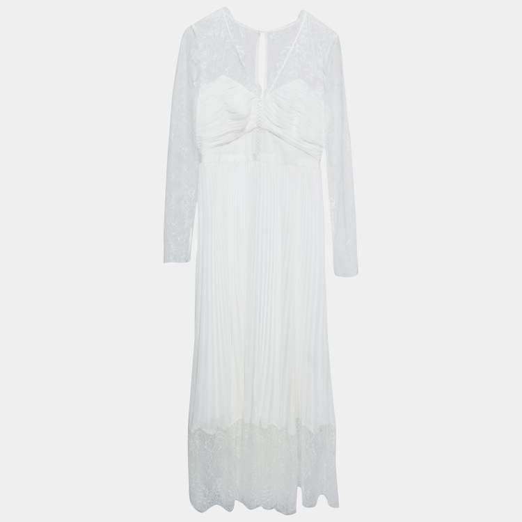 Pre Owned Self-Portrait White Chiffon Lace Trimmed Pleated Midi Dress M