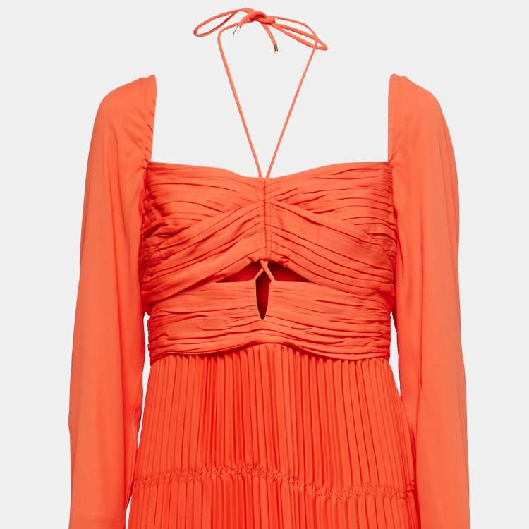 مملوكة مسبقًا Self-Portrait Orange Chiffon Plisse Cold Shoulder Dress M