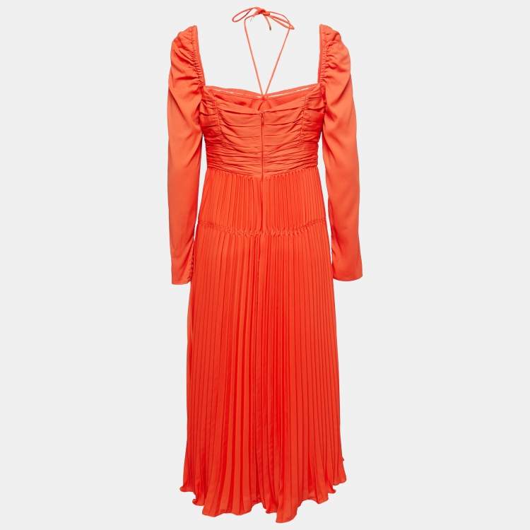 مملوكة مسبقًا Self-Portrait Orange Chiffon Plisse Cold Shoulder Dress M