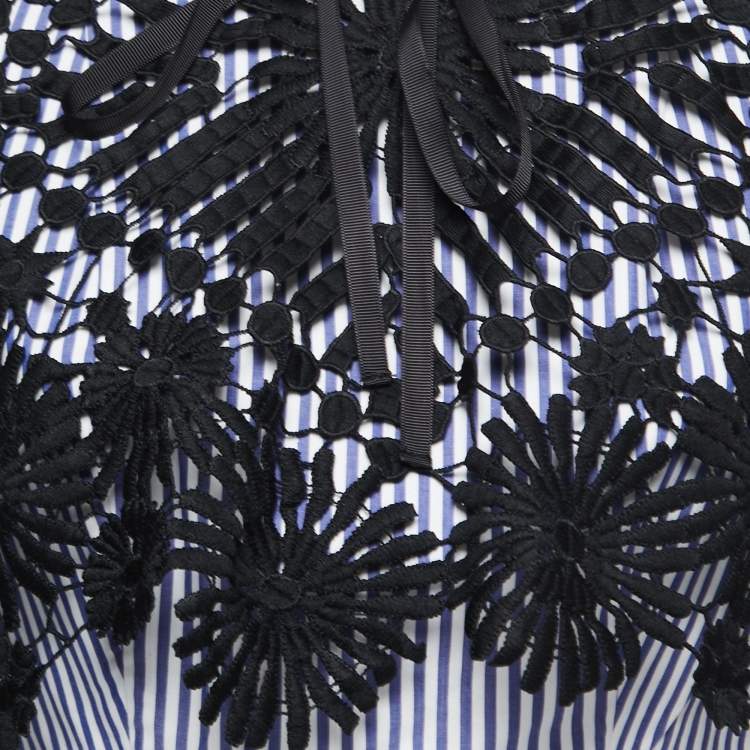 Pre Owned Self-Portrait Blue Striped Cotton Lace Overlay Mini Dress M