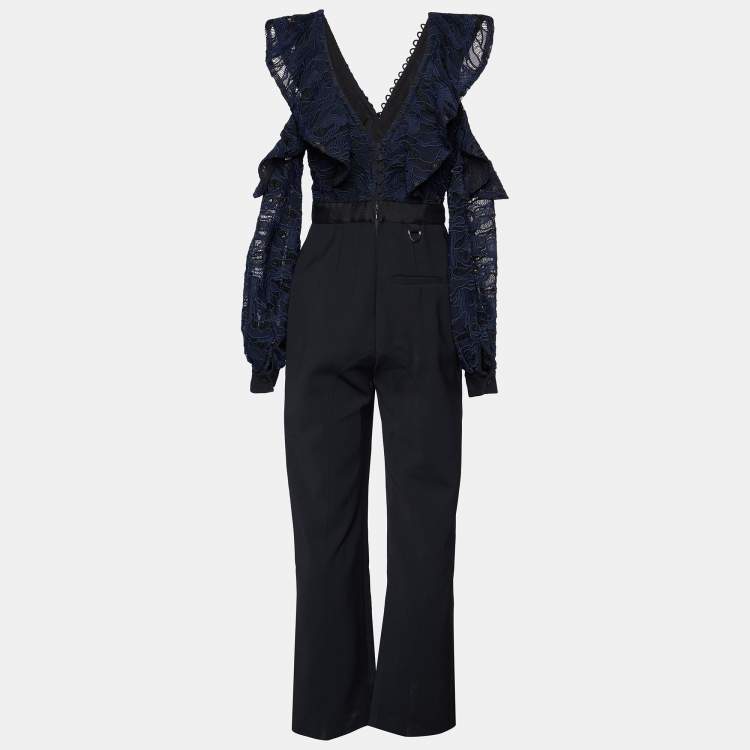 Pre Owned Self-Portrait Navy Blue Guipure Lace & Black Crepe Cold Shoulder Jumpsuit M