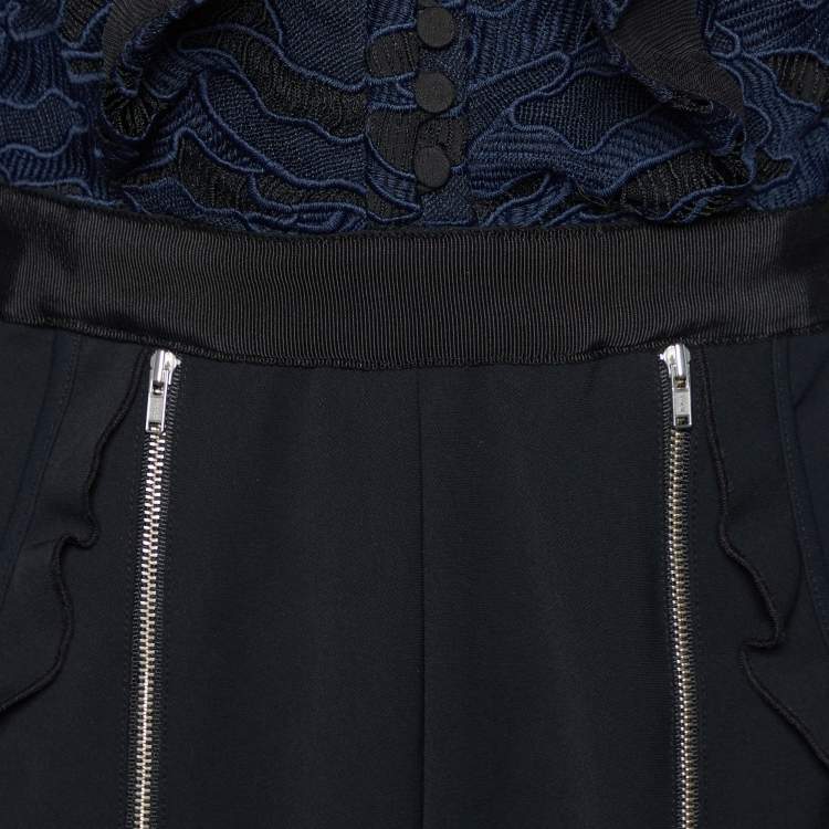 Pre Owned Self-Portrait Navy Blue Guipure Lace & Black Crepe Cold Shoulder Jumpsuit M