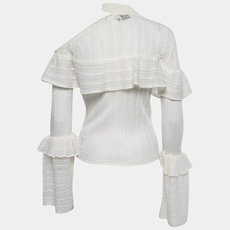 Pre Owned Self-Portrait White Open Knit Ruffled Cutout Detail Pullover S