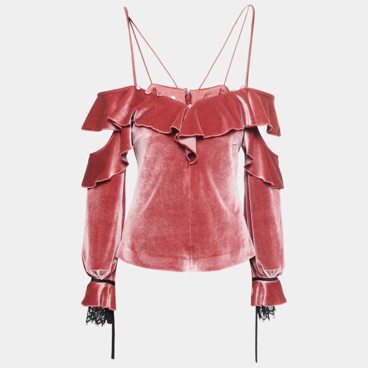 Pre Owned Self-Portrait Pink Velvet Ruffled Off Shoulder Top S
