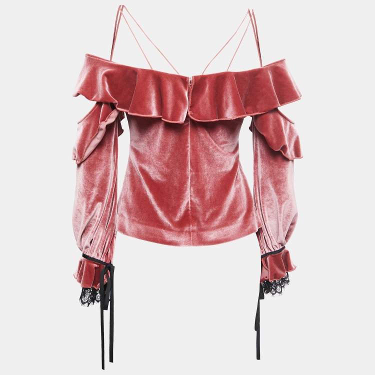 Pre Owned Self-Portrait Pink Velvet Ruffled Off Shoulder Top S