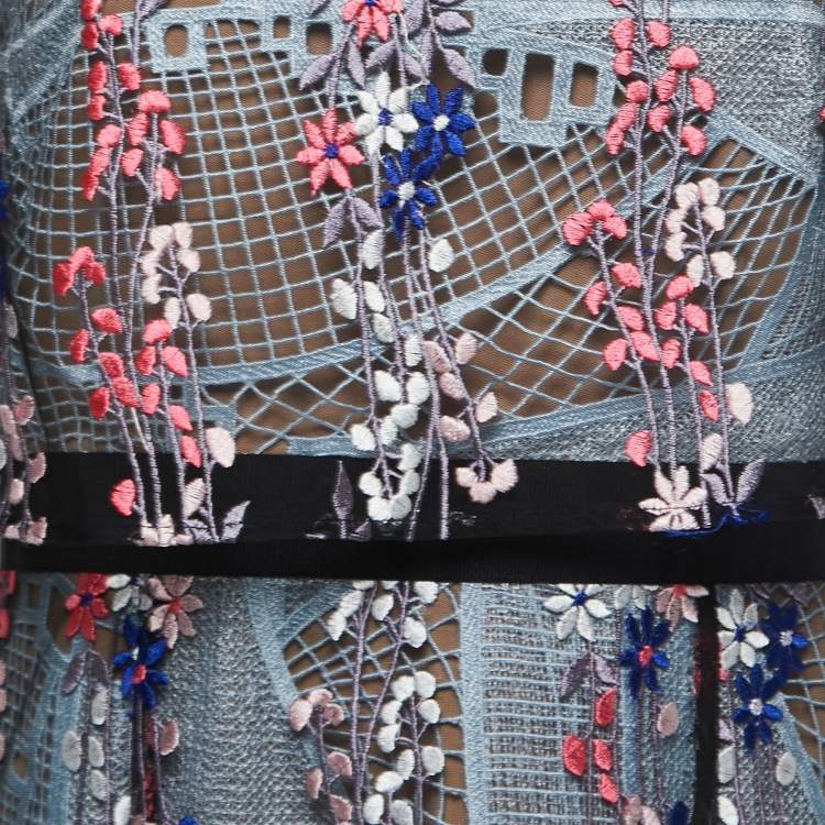 Pre Owned Self-Portrait Black/Blue Embroidered Lace Midi Dress L