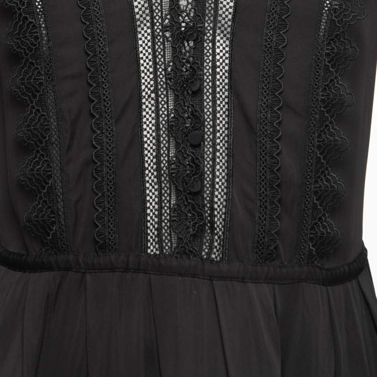 Pre Owned Self-Portrait Black Silk Lace Trimmed Long Sleeve Mini Dress S