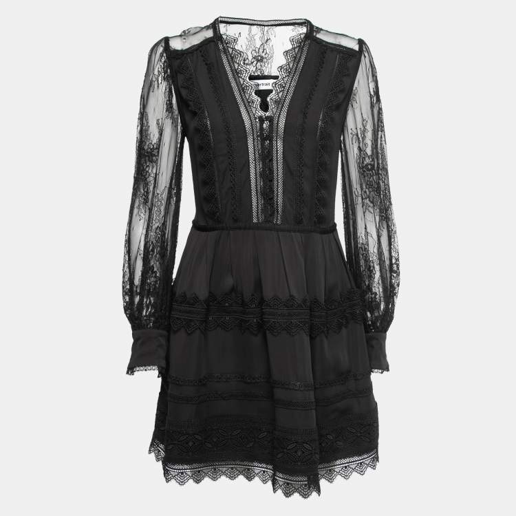 Pre Owned Self-Portrait Black Silk Lace Trimmed Long Sleeve Mini Dress S