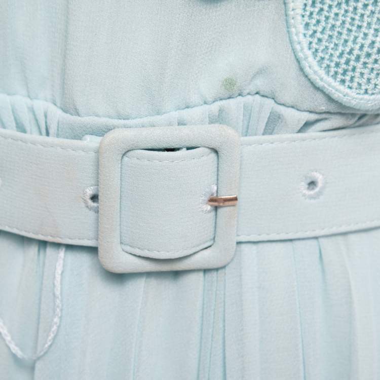 Pre Owned Self-Portrait Light Blue Chiffon Lace Trimmed Bow Detail Belted Maxi Dress S