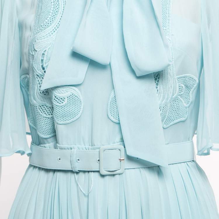 Pre Owned Self-Portrait Light Blue Chiffon Lace Trimmed Bow Detail Belted Maxi Dress S