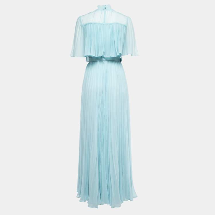 Pre Owned Self-Portrait Light Blue Chiffon Lace Trimmed Bow Detail Belted Maxi Dress S