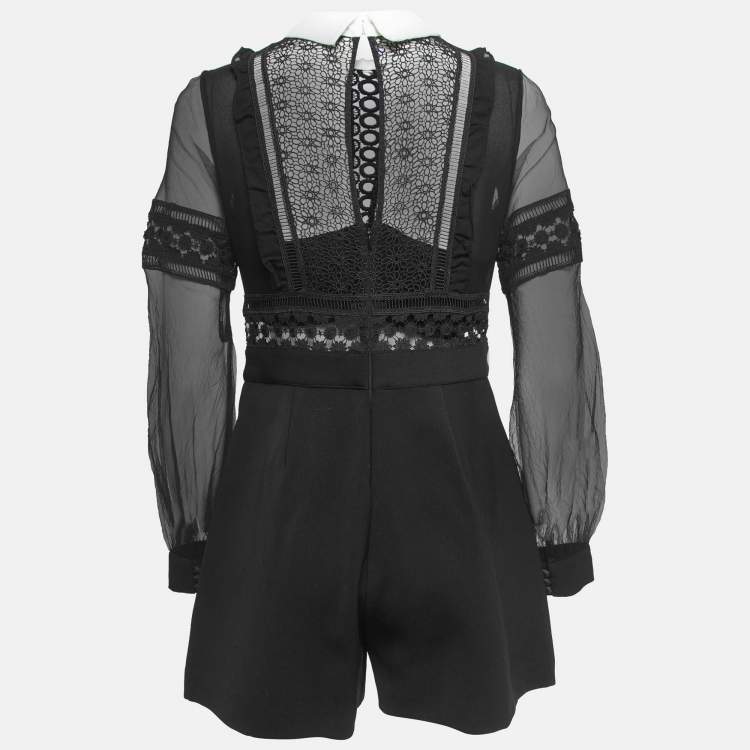 Pre Owned Self-Portrait Black Crepe Lace Trimmed Full Sleeve Playsuit M