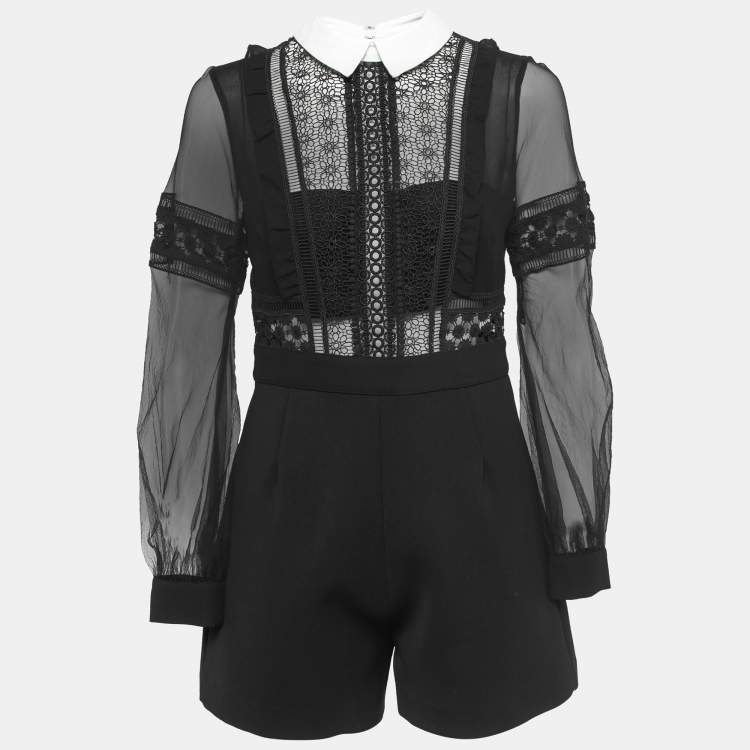 Pre Owned Self-Portrait Black Crepe Lace Trimmed Full Sleeve Playsuit M