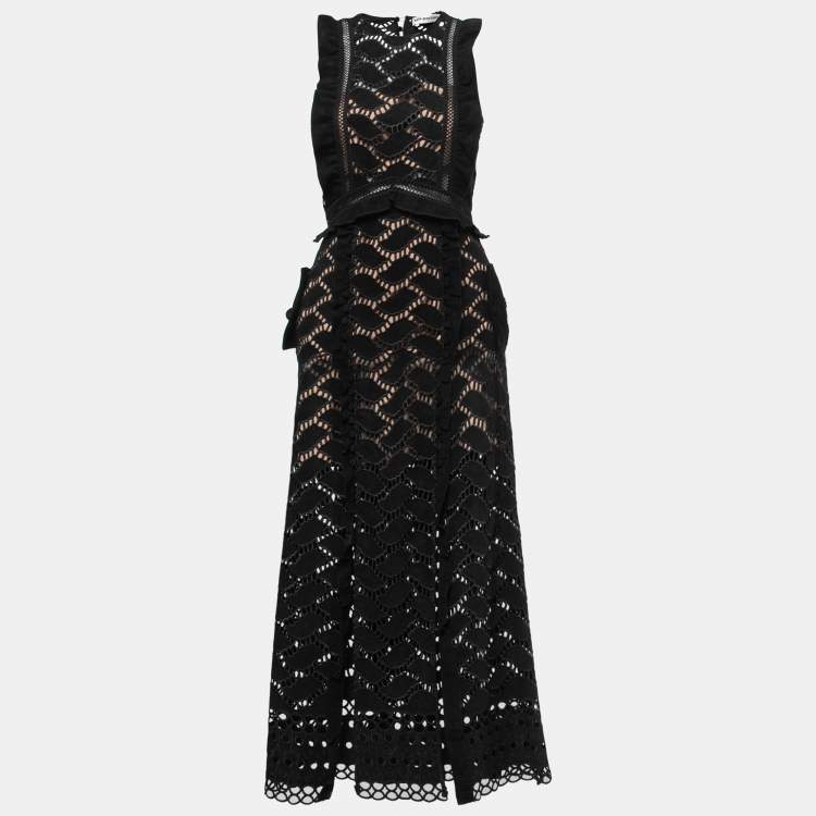 Pre Owned Self-Portrait Black Suede & Lace Cutwork Slit Midi Dress S