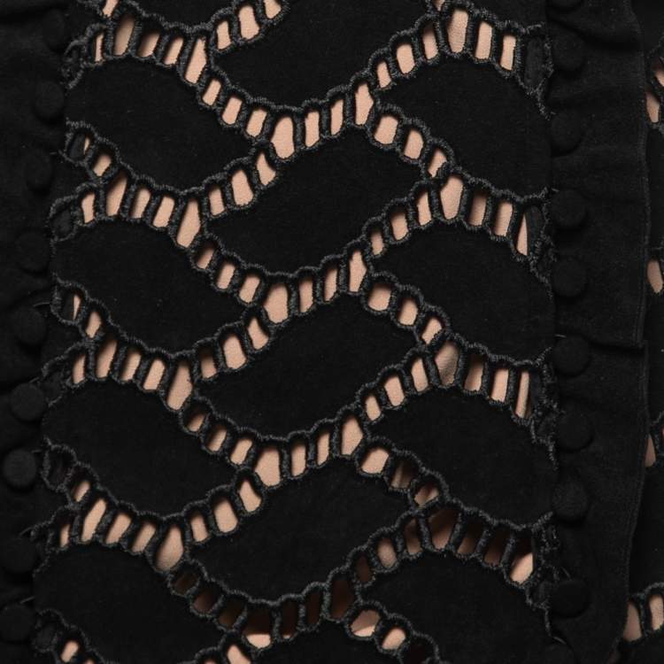Pre Owned Self-Portrait Black Suede & Lace Cutwork Slit Midi Dress S