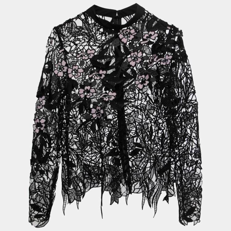Pre Owned Self-Portrait Black Floral Lace High Neck Full Sleeve Top S
