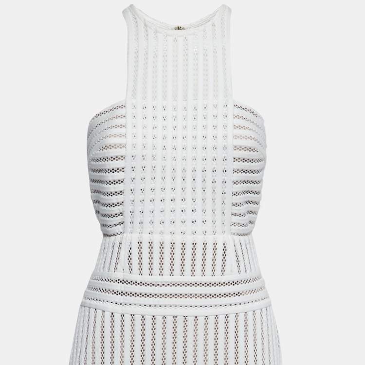 Pre Owned Self-Portrait White Striped Mesh Column Midi Dress M