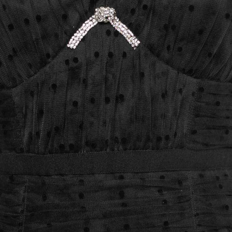 Pre Owned Self-Portrait Black Polka Dotted Tulle Crystal Embellished V-Neck Mini Dress M