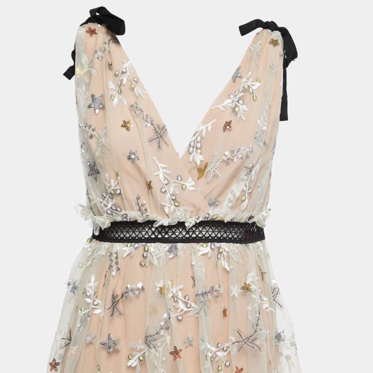 Pre Owned Self-Portrait Beige Sequin Embroidered Tulle Tiered Midi Dress M