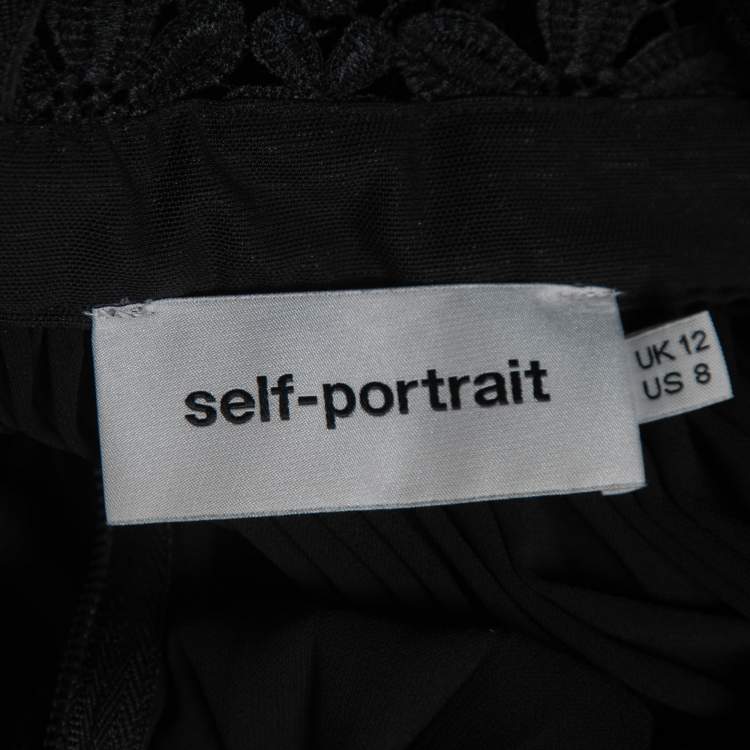 Pre Owned Self-Portrait Black Guipure Lace & Organza Trim Pleated Adeline Dress M