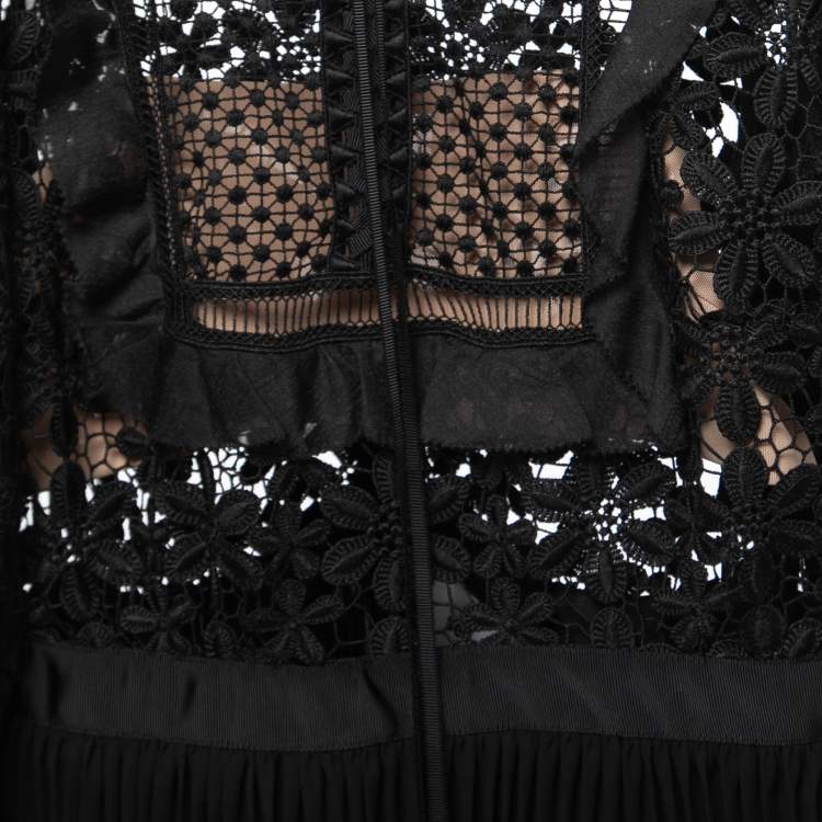 Pre Owned Self-Portrait Black Guipure Lace & Organza Trim Pleated Adeline Dress M