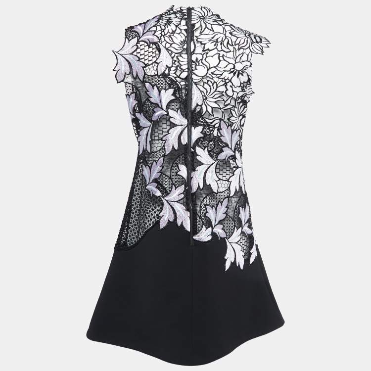 Pre Owned Self-Portrait Black Floral Guipure Lace & Crepe Sleeveless Dress M