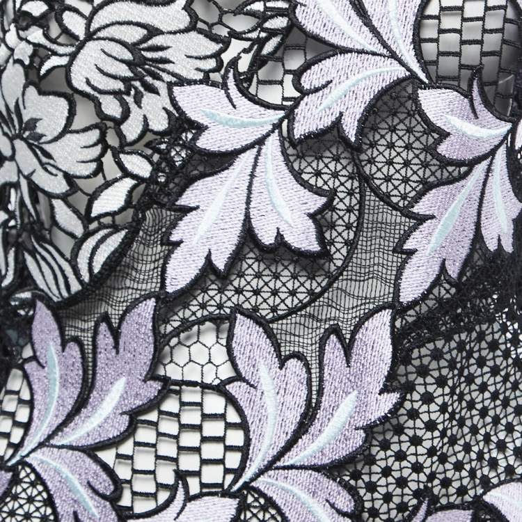 Pre Owned Self-Portrait Black Floral Guipure Lace & Crepe Sleeveless Dress M