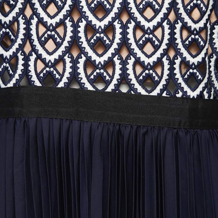 مملوكة مسبقًا Self-Portrait Navy Blue & White Lace & Pleated Chiffon Midi Dress M