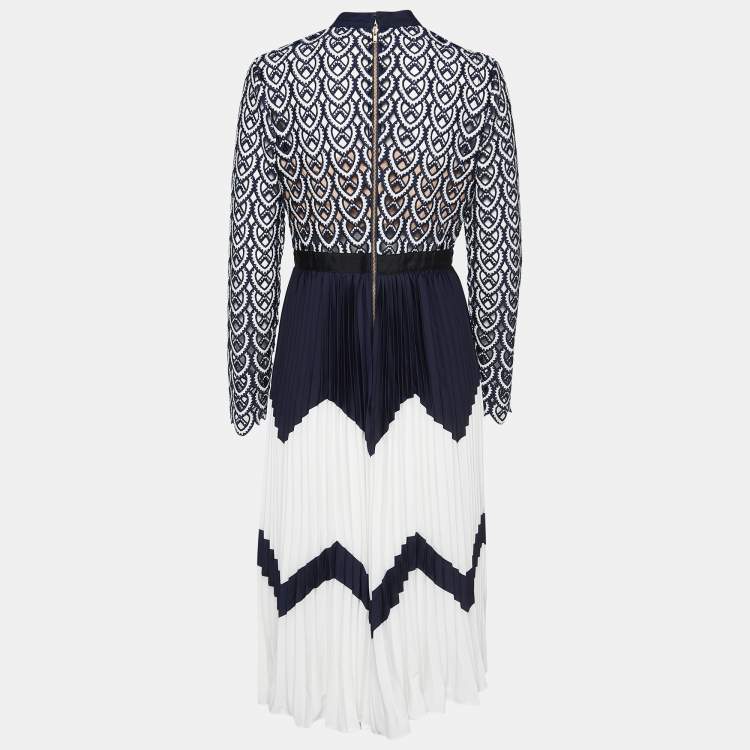 مملوكة مسبقًا Self-Portrait Navy Blue & White Lace & Pleated Chiffon Midi Dress M