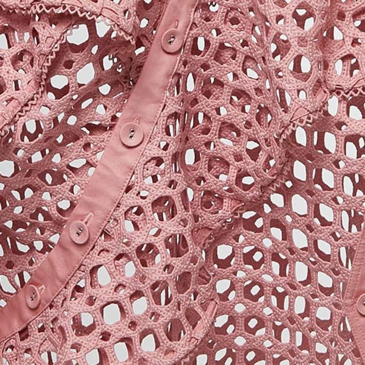 Pre Owned Self-Portrait Pink Guipure Lace One Shoulder Ruffled Top M