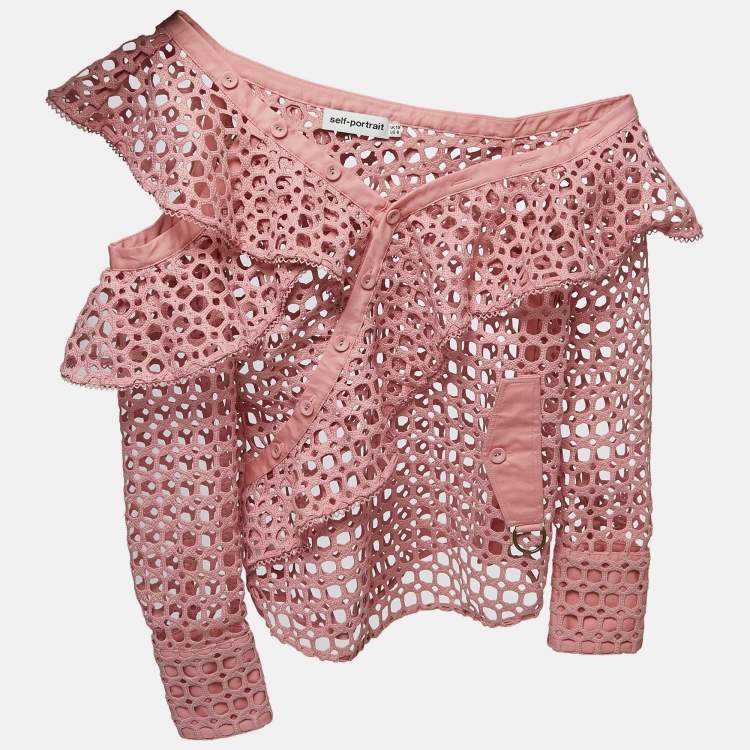 Pre Owned Self-Portrait Pink Guipure Lace One Shoulder Ruffled Top M