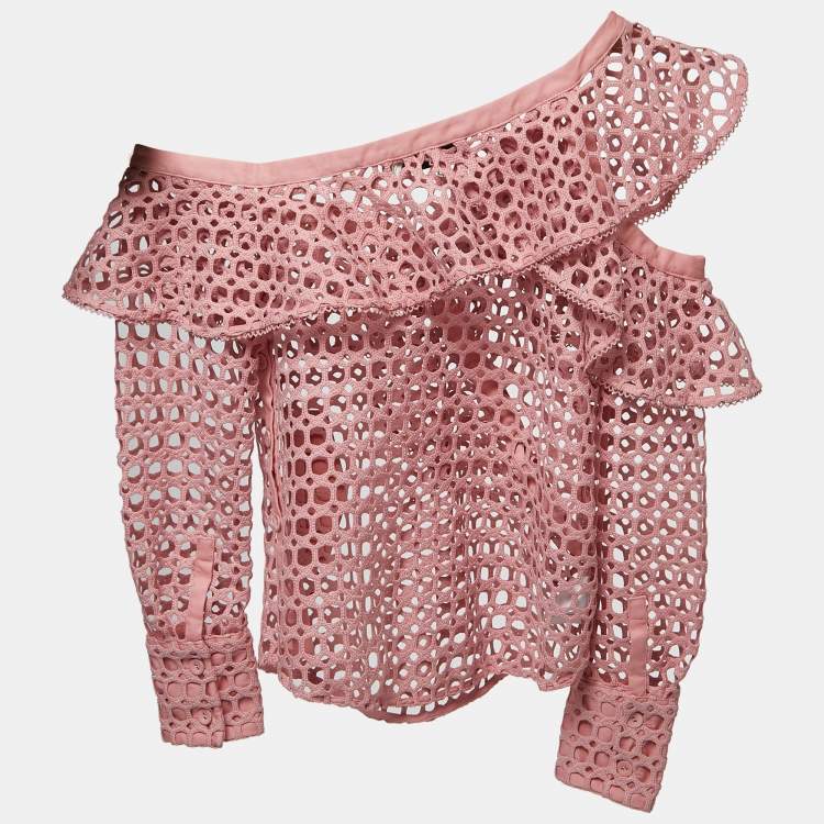 Pre Owned Self-Portrait Pink Guipure Lace One Shoulder Ruffled Top M