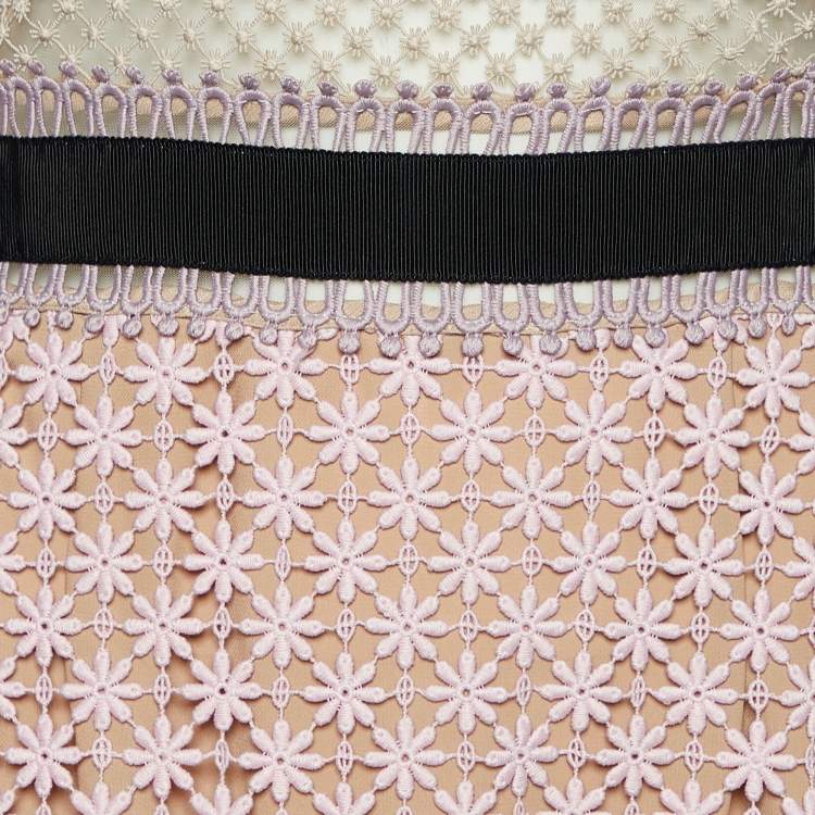 Pre Owned Self-Portrait Pink Guipure Lace Off Shoulder Midi Dress M