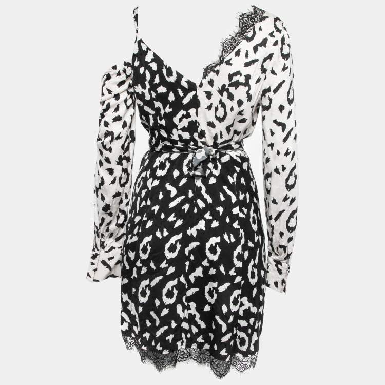 Self Portrait Black White Leopard Print Crepe De Chine Lace Trim