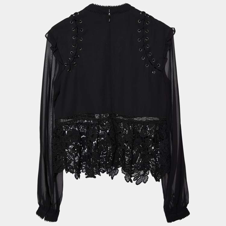 Pre Owned Self-Portrait Black Lace & Chiffon Top M