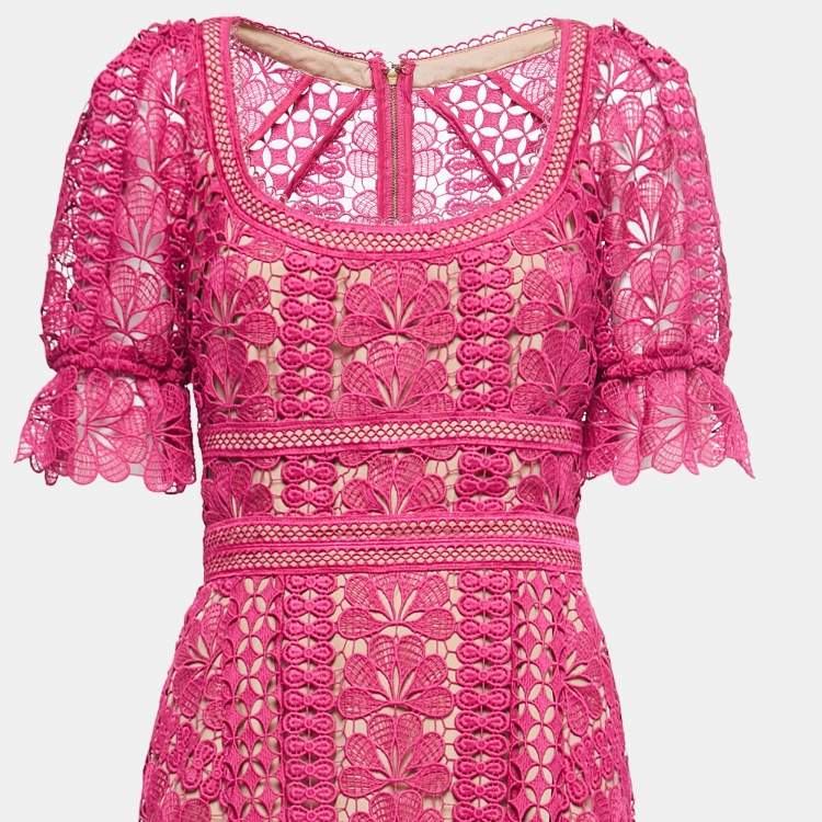 Pre Owned Self-Portrait Dark Pink Guipure Lace Ruffle Detail Midi Dress M